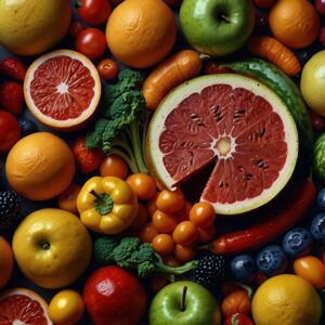 Antybiotyki w jedzeniu - Produkty spożywcze symbolizujące zdrowe odżywianie i potencjalne zagrożenie antybiotykami