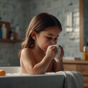 Matka delikatnie myje uszy dziecka miękką myjką w jasnej łazience