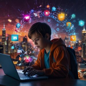 Tarcza ochronna nad dzieckiem korzystającym z laptopa - bezpieczeństwo w Internecie