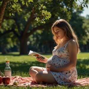 Kobieta w ciąży siedząca w parku otoczona zielenią