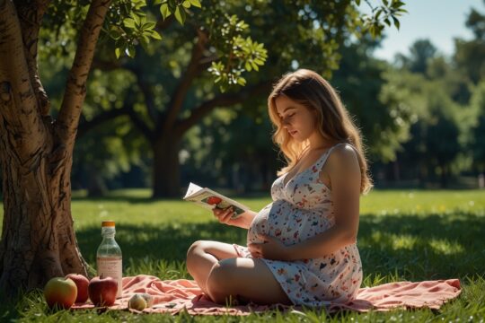 Kobieta w ciąży siedząca w parku otoczona zielenią