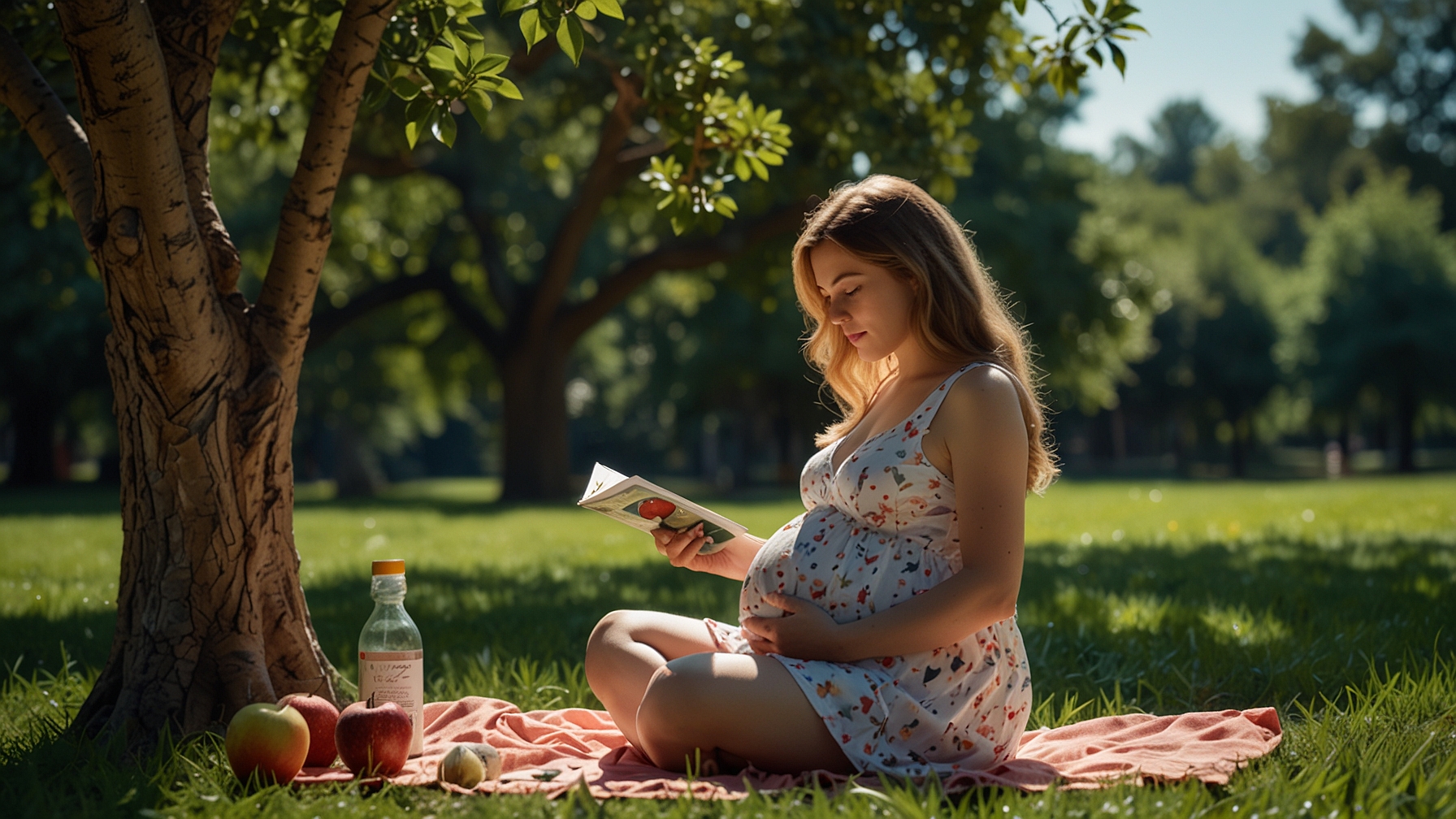 Kobieta w ciąży siedząca w parku otoczona zielenią
