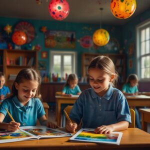 Radosne dzieci uczące się i bawiące w klasie szkolnej