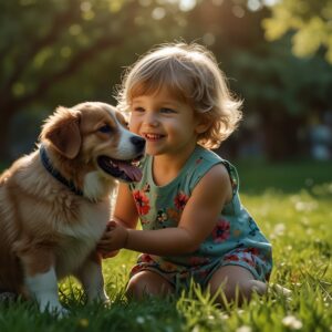 Dziecko bawiące się z małym pieskiem w parku