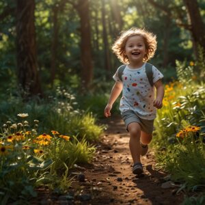 Dziecko biegnące w lesie, otoczone zielenią i kwiatami
