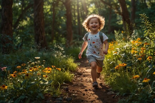Dziecko biegnące w lesie, otoczone zielenią i kwiatami