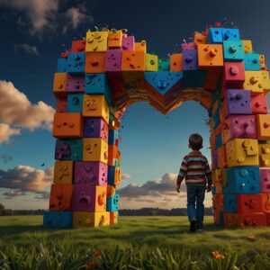 Kolorowe klocki symbolizujące emocje tworzą serce.