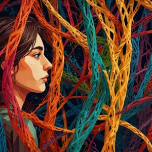 Kolorowe nici symbolizujące emocje nastolatka dążącego do perfekcji.