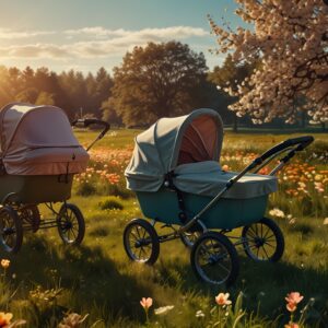 Kwitnąca łąka z wózkami dziecięcymi w słoneczny dzień