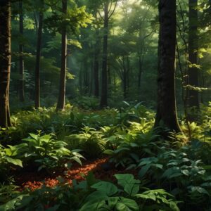 Krajobraz leśny z różnorodną roślinnością, w tym trujący bluszcz