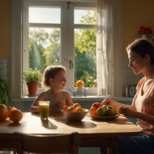 Mama przygotowująca posiłek z dzieckiem w kuchni