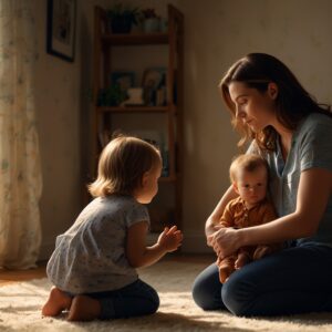 Matka rozmawiająca z dzieckiem w jasnym pokoju