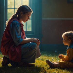 Matka wspiera swoje dziecko, które nie chce iść do szkoły.