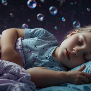 Dziecko śpi otoczone bąbelkami symbolizującymi narkolepsję