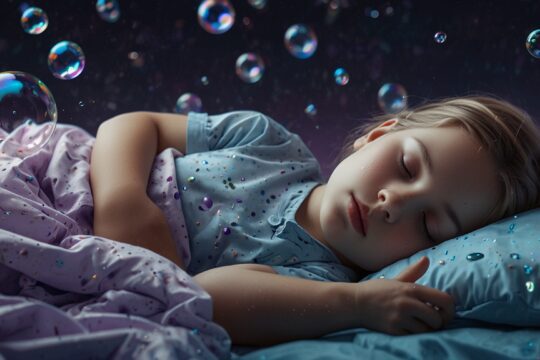 Dziecko śpi otoczone bąbelkami symbolizującymi narkolepsję