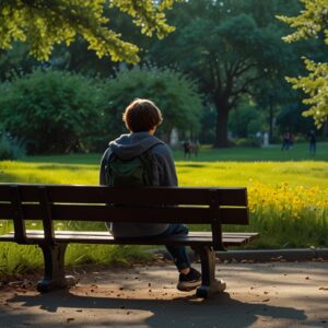 Nastolatek siedzący na ławce w parku, zadumany