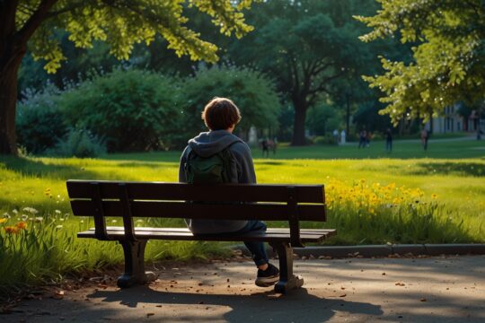 Nastolatek siedzący na ławce w parku, zadumany