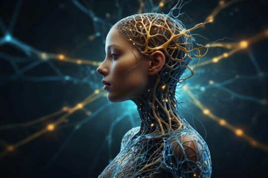 Sieć neuronowa chroniąca sylwetkę kobiety w ciąży, symbolizująca opiekę medyczną przy padaczce