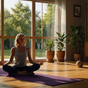 Mama wykonująca ćwiczenia w jasnym pokoju z owocami i wodą