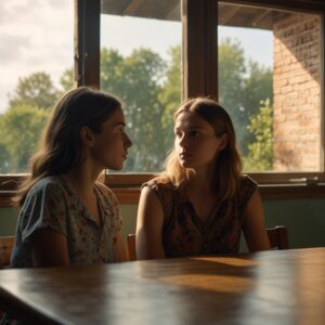 Matka i nastolatek rozmawiający przy stole w jasnym pokoju