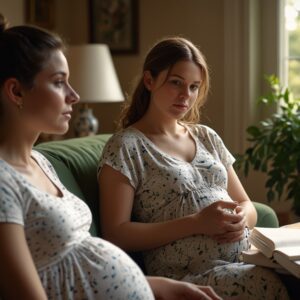 Spokojna ciężarna kobieta siedząca w jasnym, słonecznym pokoju