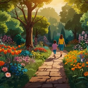 Ilustracja przedstawiająca różne style wychowania jako ścieżki w ogrodzie, prowadzące do kwiatów symbolizujących osobowość dziecka.