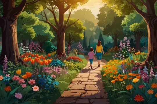 Ilustracja przedstawiająca różne style wychowania jako ścieżki w ogrodzie, prowadzące do kwiatów symbolizujących osobowość dziecka.