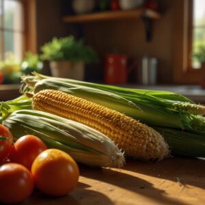 Świeża kukurydza na blacie kuchennym w otoczeniu warzyw