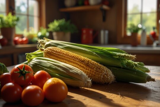 Świeża kukurydza na blacie kuchennym w otoczeniu warzyw