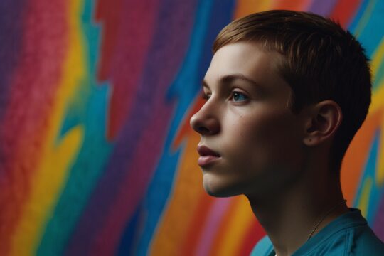 Abstrakcyjna ilustracja przedstawiająca wsparcie dla nastolatka w trudnych sytuacjach.